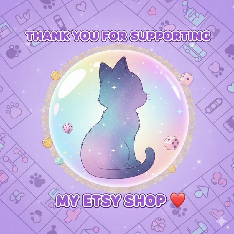 May include: A digital illustration featuring a cat silhouette with a galaxy design inside a bubble. The image includes the text "THANK YOU FOR SUPPORTING MY ETSY SHOP" and is surrounded by decorative elements on a purple background.