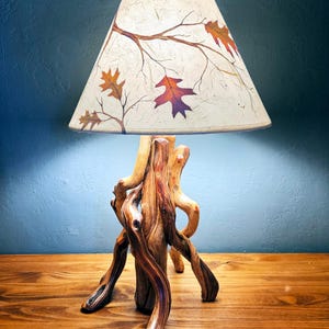 Manzanita Wood Table Lamp | Handpainted Branch Shade with Pressed Black Oak Leaves | Handcrafted Rustic Forest Decor