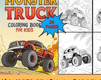 Puede incluir: Un libro para colorear para niños titulado "Monster Truck" con 20 páginas. La portada presenta un monster truck rojo y amarillo. El libro contiene ilustraciones en blanco y negro de monster trucks.