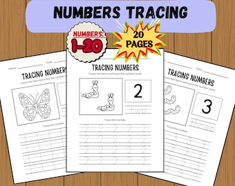 May include: A set of three black and white "Numbers Tracing" worksheets. The worksheets feature numbers 1-20, with illustrations of objects to count and space to trace the number and number word. The top banner reads "Numbers Tracing".