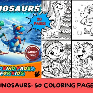 50 Cute Dinosaur Coloring Pages, Kids Coloring Book, Digital Coloring Sheets, Winter Coloring Pages, Homeschool Activities, Digital Download