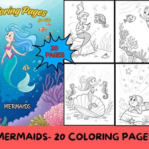 Mermaid Coloring Pages for Kids – 20 Printable Mermaid Coloring Sheets, Digital Ocean Coloring Book, Cute Sea Creatures Activity Pages, pdf