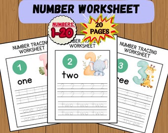 1-20 Number Tracing Worksheets, Pre-K & Kindergarten Math Activity, Printable Handwriting Practice, Digital Download Homeschool