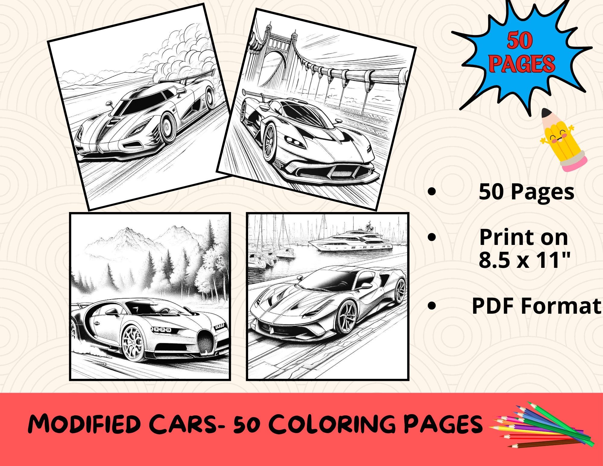 50 Printable Coloring Pages for Kids & Adults, Car Racing,sports and ...