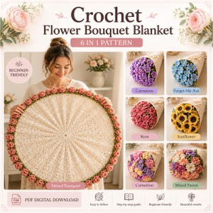 May include: A crochet flower bouquet blanket with a 6-in-1 pattern. The image shows a woman holding a large, round, cream-colored blanket with a pink rose border. The image also shows examples of crochet flower bouquets, including carnations, roses, and sunflowers.