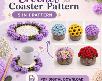 Crochet Flower Coaster Pattern | 6 Flowers, Basket (PDF Download)