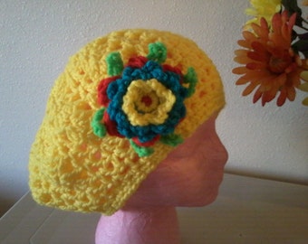 Bright Yellow Crocheted Hat with 3-D Flower