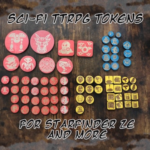 May include: A collection of red and yellow Sci-Fi TTRPG tokens with various engraved designs, including robots, aliens, and symbols. The text "SCI-FI TTRPG TOKENS" and "FOR STARFINDER 2E AND MORE" are displayed. These tokens are designed for tabletop role-playing games.