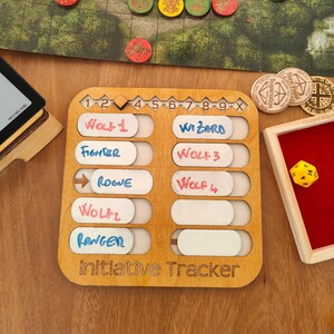 May include: A wooden initiative tracker with slots for players and monsters. The tracker has a number scale from 1 to 9 and an X for the last slot. The slots are labeled with names like "Wizard", "Wolf 1", "Fighter", and "Ranger".