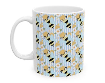 Bee Pattern Mug | White mug | Cute Bee Floral Repeat Ceramic Mug