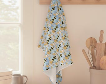 Bee Floral Pattern Microfiber Tea Towel | Blocked Stripes | Bee Kitchen Decor