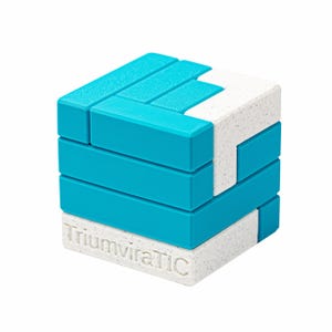 May include: A cube-shaped puzzle with a mix of blue and white blocks. The blue blocks are arranged in horizontal layers, while the white blocks form a contrasting pattern. The text "TriumviraTIC" is printed on one of the white blocks. This puzzle is designed to challenge and engage.