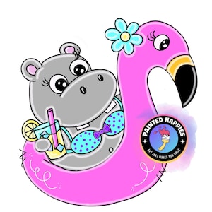 Könnte beinhalten: Cartoon-Illustration eines grauen Nilpferds mit einem blauen Bikini mit Tupfen und einem Getränk, das auf einem rosa Flamingo-Schwimmring schwimmt. Der Flamingo hat eine Blume und das Bild enthält den Text "PAINTED HAPPPIES".