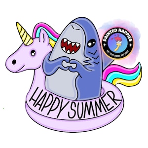 May include: A cartoon illustration of a shark making a heart shape with its hands, riding a unicorn float. The float has the words "HAPPY SUMMER" on it. The unicorn has a pink body, a yellow horn, and a rainbow mane. The shark is blue and gray.