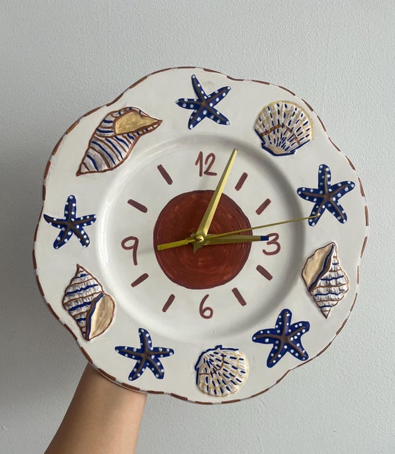 Hand-Painted Ceramic Wall Clock, Marine Life, Coastal Beach House Decor, Silent Mechanism