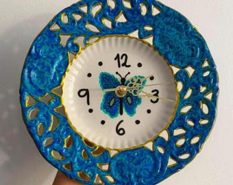 Hand-Painted Butterfly Ceramic Clock, 8.5 Inch Vibrant Blue & Gold Upcycled Wall Decor