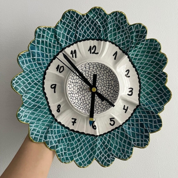 Hand-Painted Teal Bloom Ceramic Clock, Silent Floral Wall Art
