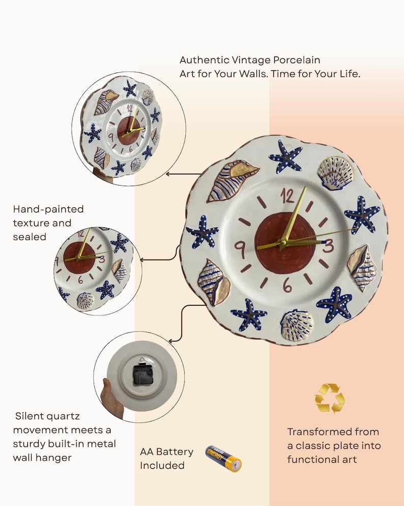 K&ouml;nnte beinhalten: Eine Wanduhr aus einem wei&szlig;en Porzellanteller mit gewelltem Rand, verziert mit handbemalten blauen Seesternen und beigen Muscheln. In der Mitte befindet sich ein brauner Kreis mit goldenen Zeigern sowie den Ziffern 3, 6, 9 und 12.