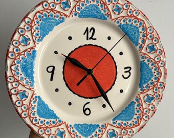 Hand-Painted Ceramic Evil Eye Clock, Surrealist Blue Red Plate, Quirky Eclectic Home Decor