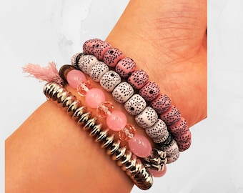 Boho Pink Beaded Bracelet Stack: Angel Wing Charm, Handmade Fashion Jewellery