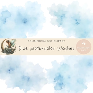 Puede incluir: Imagen de arte digital con cuatro lavados de acuarela azules sobre un fondo blanco. La imagen incluye el texto "COMMERCIAL USE CLIPART" y "Blue Watercolor Washes". También hay un gráfico de un hada en una luna creciente.