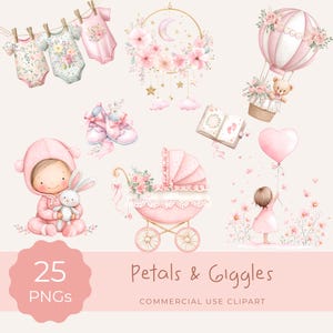 Pastel Pink Baby Shower Clipart: Watercolor PNG Graphics, Digital Download