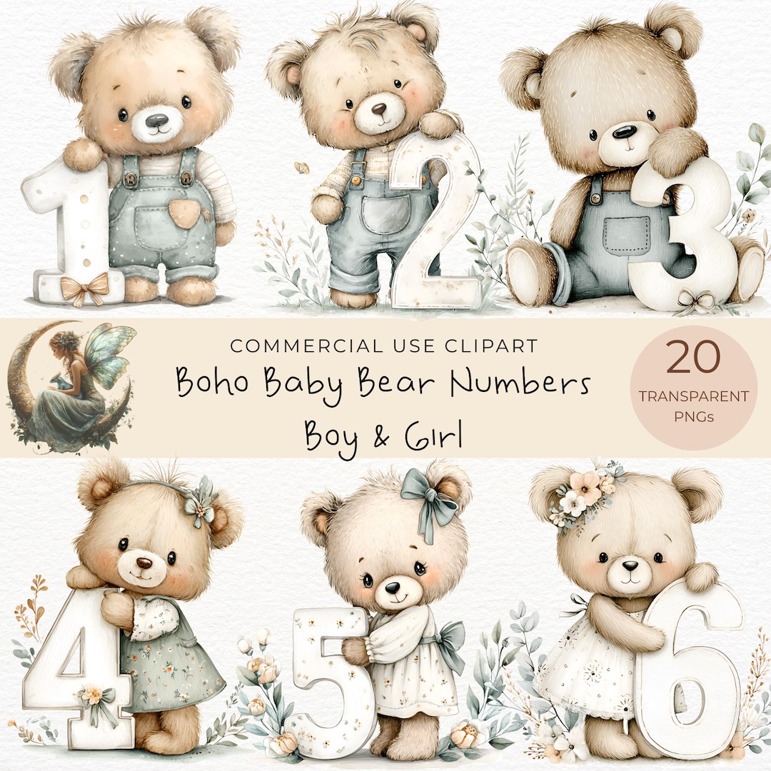 Imágenes prediseñadas de números de ositos boho – Conjunto PNG para ...