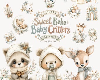 Imágenes prediseñadas de animales bebés estilo boho: paquete de imágenes PNG de criaturas del bosque en acuarela neutra