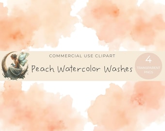 May include: Peach watercolor washes in a digital art design. The image features four peach-colored watercolor washes against a white background. Text includes "Commercial Use Clipart" and "Peach Watercolor Washes". A fairy illustration is also present.