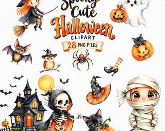 Halloween Clipart, Watercolor Ghost Witch Pumpkin PNG, 28 Transparent PNG Files