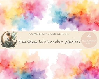 May include: Four rainbow watercolor washes in shades of pink, yellow, blue, and purple. The image includes text that reads "Commercial Use Clipart" and "Rainbow Watercolor Washes". There is also an illustration of a fairy on a crescent moon.