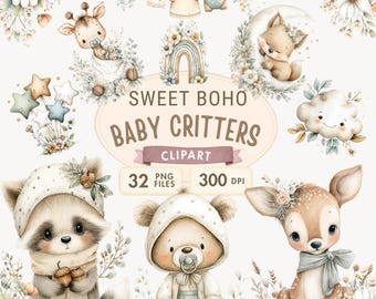 Boho Baby Animal Clipart – Neutral Watercolor Woodland Critters PNG Bundle