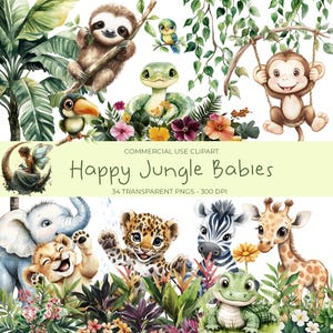 Jungle bébé animaux Clipart, Safari mignon PNG Bundle, chambre d'enfant Jungle PNG, Jungle bébés Clipart, Clipart commercial
