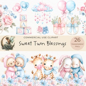 Può includere: Set di clipart ad acquerello a tema baby. Include ciucci, blocchi con la scritta "BABY", scarpine, palloncini, cesti di fiori e adorabili illustrazioni di animali. È incluso anche il testo "Sweet Twin Blessings".