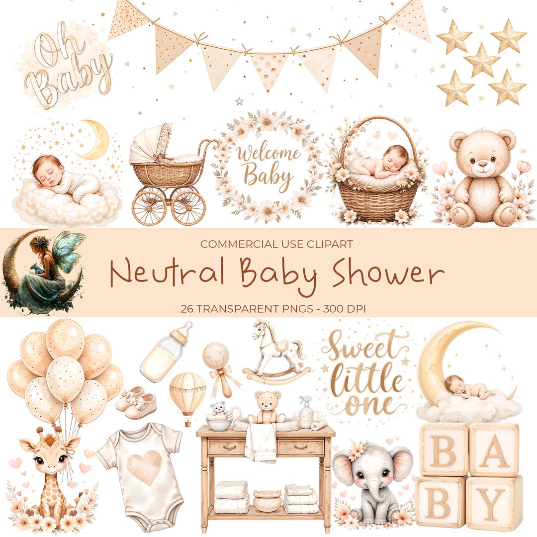 Neutral Baby Shower Clipart, Beige Baby PNG Bundle, Baby Clipart ...