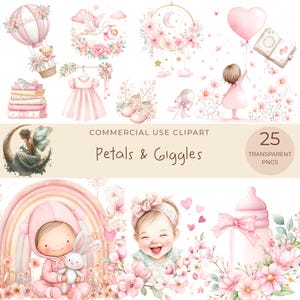 Pastel Pink Baby Shower Clipart: Watercolor PNG Graphics, Digital Download