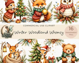 Images clipart de forêt hivernale | Illustrations d'animaux de la forêt pour Noël | Ensemble PNG à usage commercial