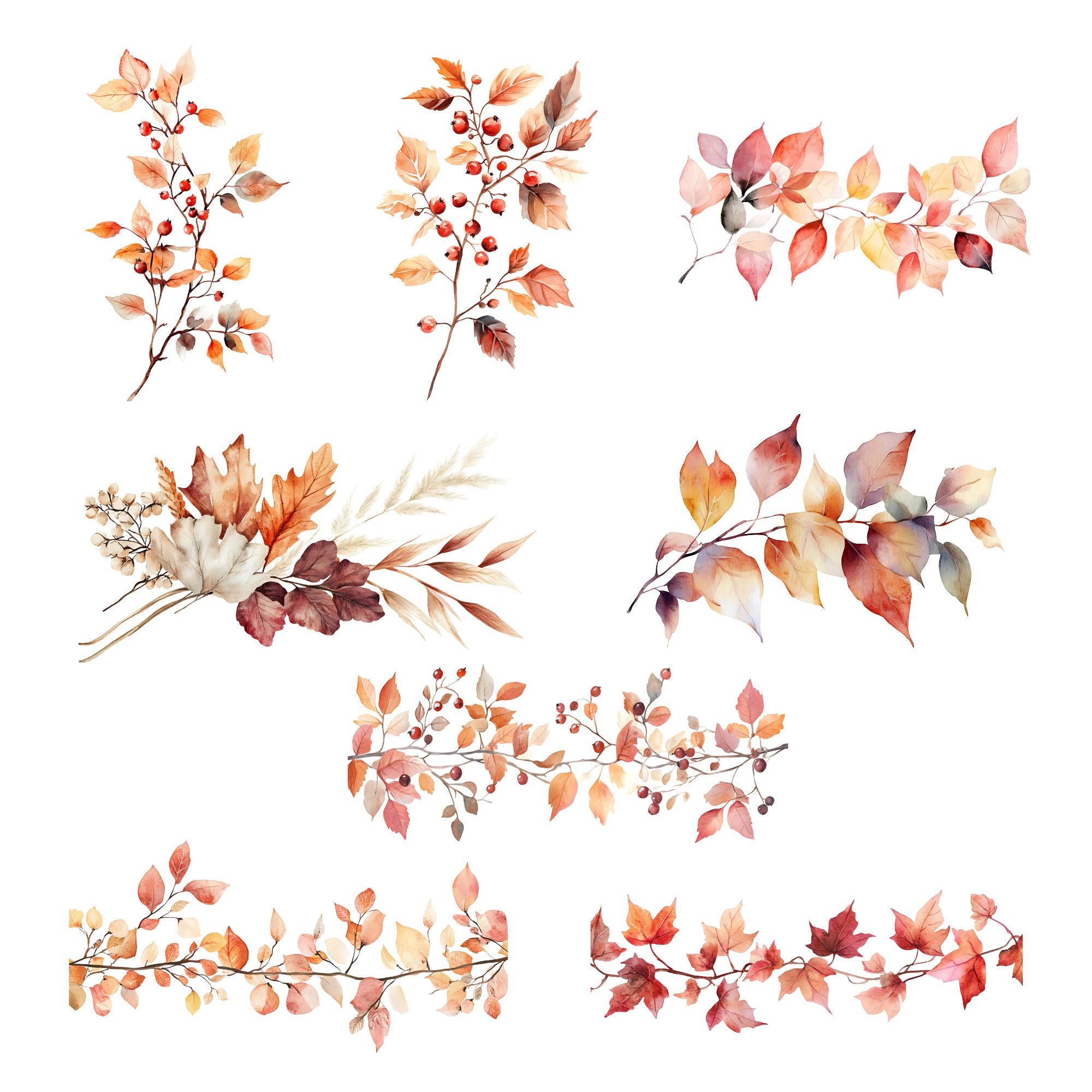 Watercolor Autumn Leaves Clipart: Fall Foliage PNG (commercial Use ...