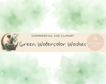 May include: Green watercolor washes in a digital art design. The image includes four green watercolor washes with a fairy illustration and text that reads "Green Watercolor Washes" and "Commercial Use Clipart".