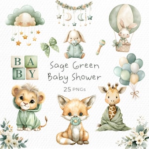Clipart neutre de baby shower – Ensemble PNG d'animaux vert sauge et crème