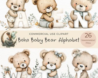 May include: A collection of watercolor illustrations featuring adorable teddy bears holding letters of the alphabet. The bears are light brown with bows and floral accents. The text reads "Boho Baby Bear Alphabet" and "26 Transparent PNGs".