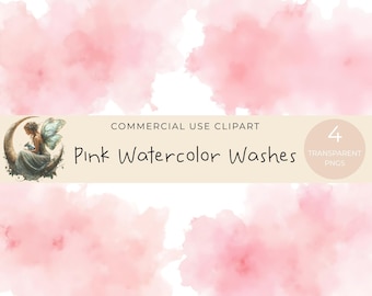 May include: Pink watercolor washes in a digital art composition. The image features four soft, cloud-like pink watercolor washes against a white background. Text includes "COMMERCIAL USE CLIPART", "Pink Watercolor Washes", and "4 TRANSPARENT PNGS". A fairy illustration is also present.