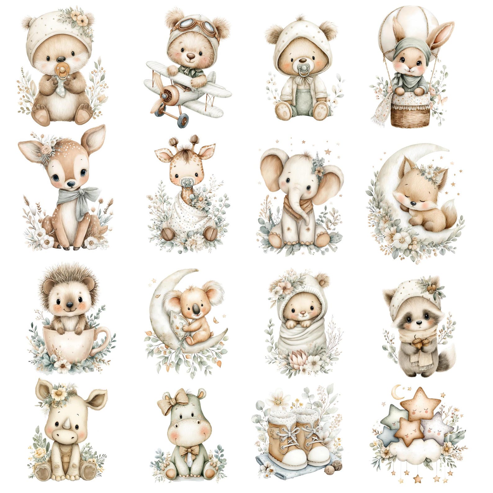 Boho Baby Animal Clipart – Neutral Watercolor Woodland Critters PNG ...