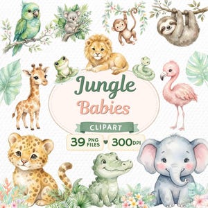 Jungle Baby Animal Clipart, 39 Watercolor PNGs with Transparent Backgrounds