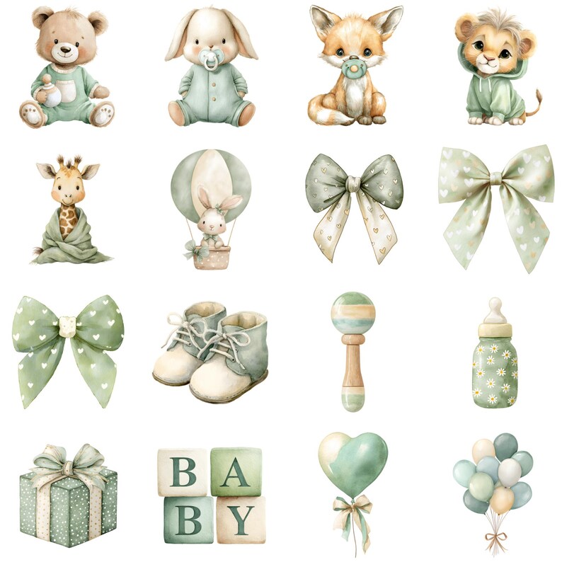 Neutral Baby Shower Clipart – Sage Green and Cream Animals PNG Set - Etsy