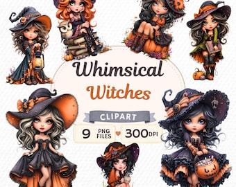 Whimsical Witch Clipart - Halloween PNG Bundle - Commercial Use