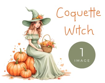 Pastel Coquette Witch Clipart: Halloween PNG, Commercial Use, Digital Download