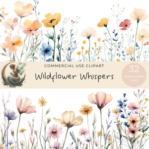 Watercolor Wildflower Clipart Bundle: PNG Flower Bouquets, Wreaths (Commercial License, Digital Download)