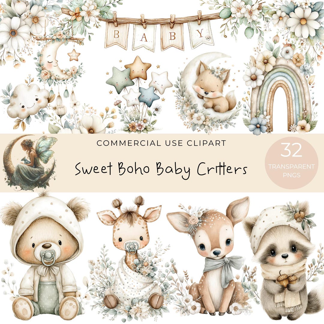 Boho Baby Animal Clipart – Neutral Watercolor Woodland Critters PNG ...