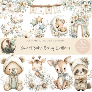 Peut inclure: Ensemble de cliparts aquarelle avec des animaux pour bébés, des arrangements floraux et des éléments décoratifs. Comprend un renard endormi, un ours avec une sucette, une girafe, un cerf et un raton laveur. Le texte indique "Sweet Boho Baby Critters".